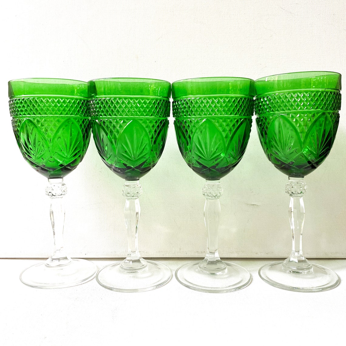 Vintage Cristal D'Arques-Durand Green Water Goblets, Pressed Glass Wine Glass Set of 4