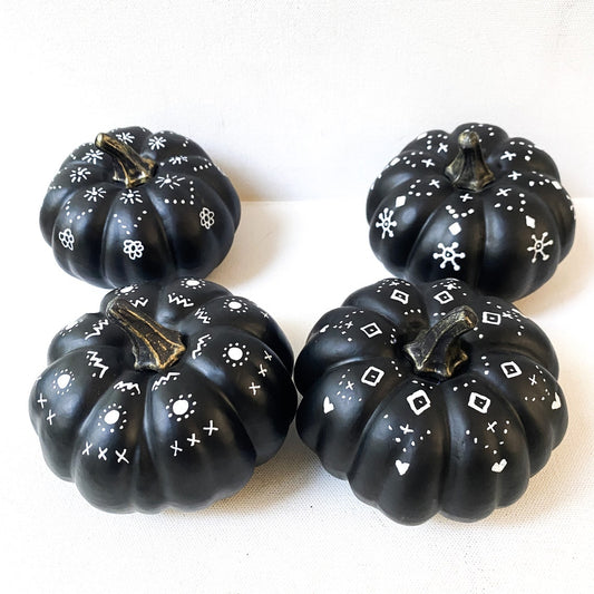 Painted Pumpkins, Set of four black and white mini pumpkins
