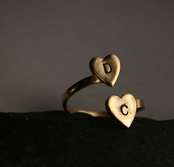 Personalized Two Heart Initial Ring - Adjustable Ring