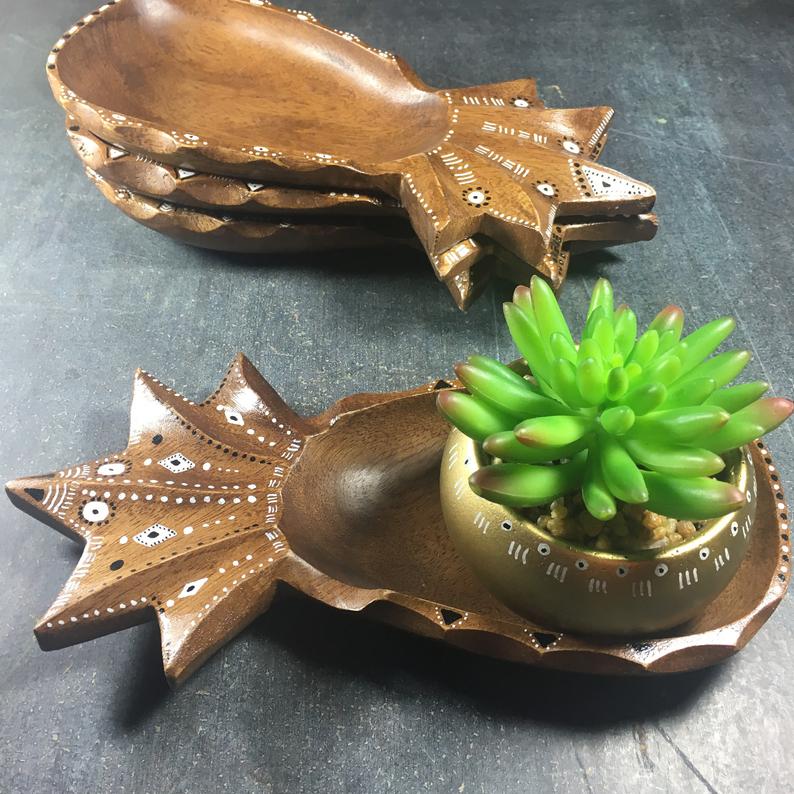Set of Four Pineapple Bowls - Hand Painted Vintage Wood