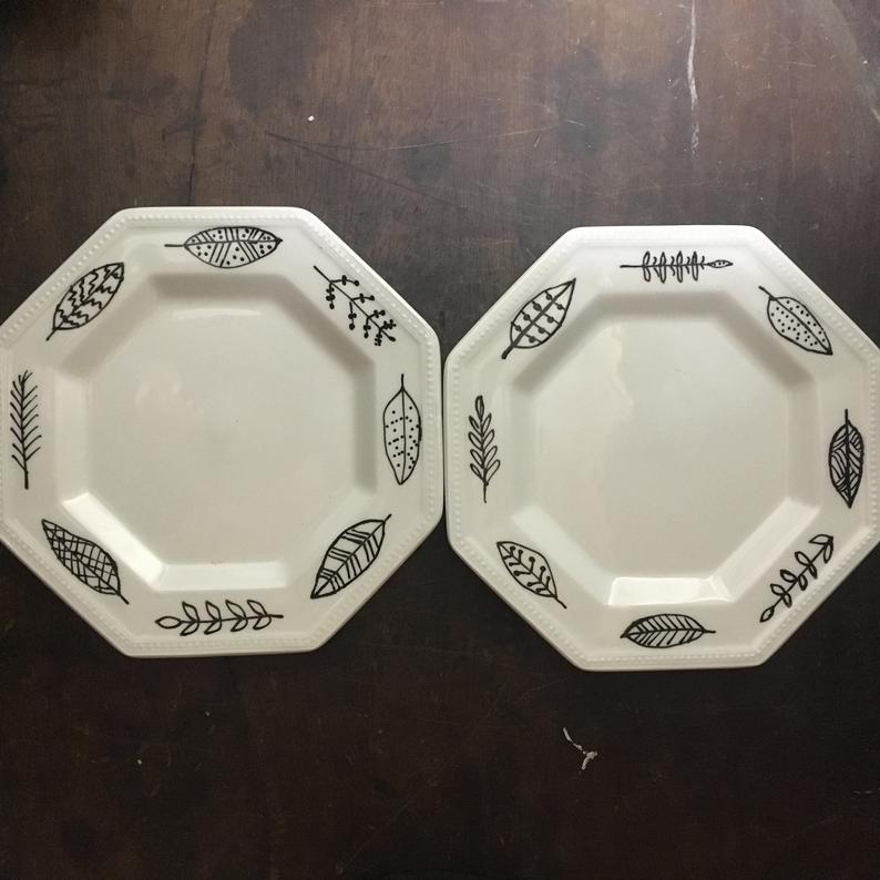 Handpainted Vintage Plates, Modern Leaf Motif