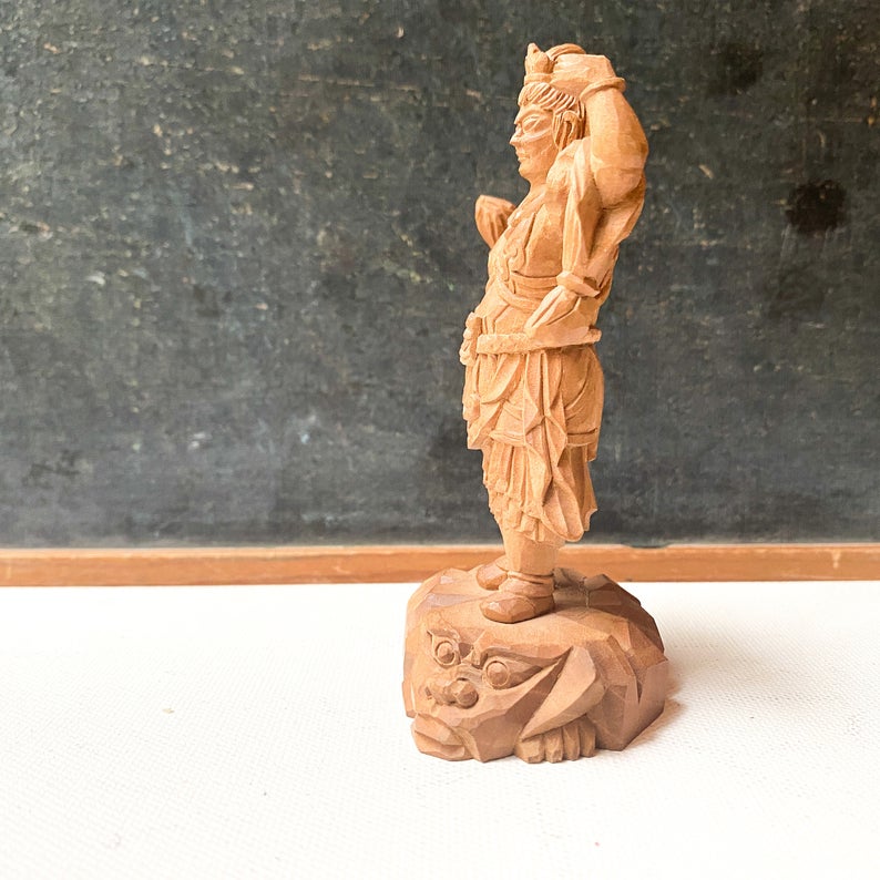 Vintage Carved Buddhist Guardian Figurine, Asian Sculpture