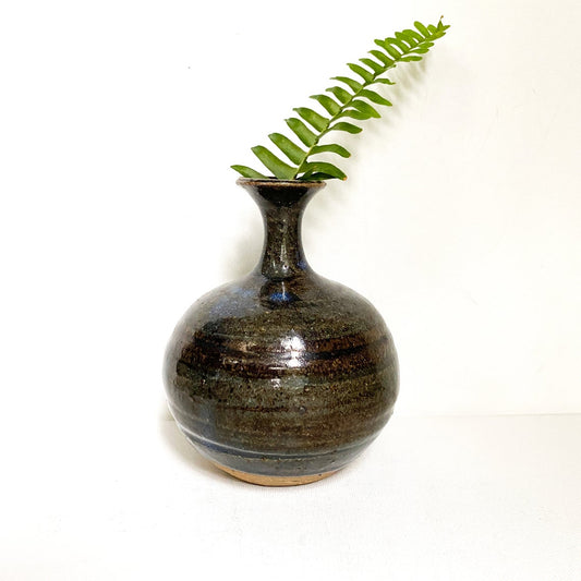 Vintage Studio Pottery Vase with Earthy Blue and Brown Stripes